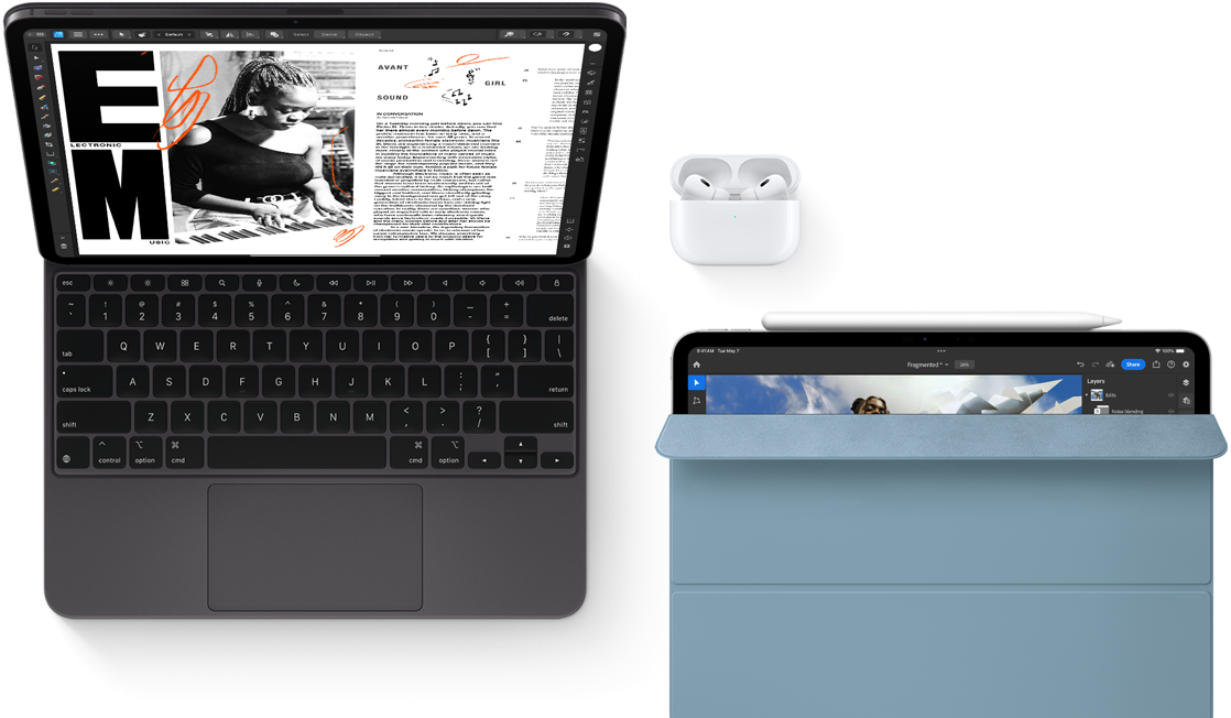 iPad Air attached to Magic Keyboard, with Airpods Pro, Apple Pencil Pro, and Smart Folio accessories